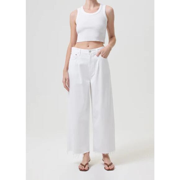 Agolde Dagna Pleated Wide-Leg White Denim Jeans Size 29 Raw Hem High Rise - Picture 1 of 16